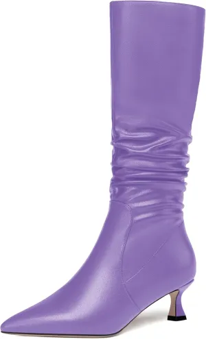 ROSERWISH Womens Party Matte Stylish Casual Zip Pointed Toe Kitten Low Heel Knee High Boots 2 Inch