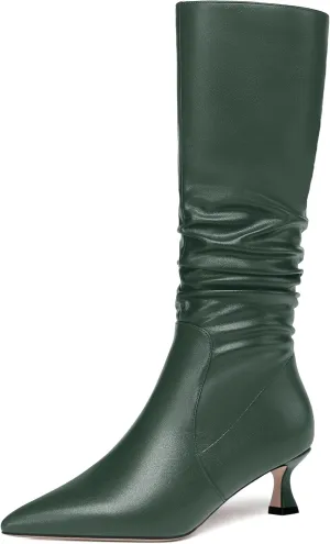 ROSERWISH Womens Party Matte Stylish Casual Zip Pointed Toe Kitten Low Heel Knee High Boots 2 Inch