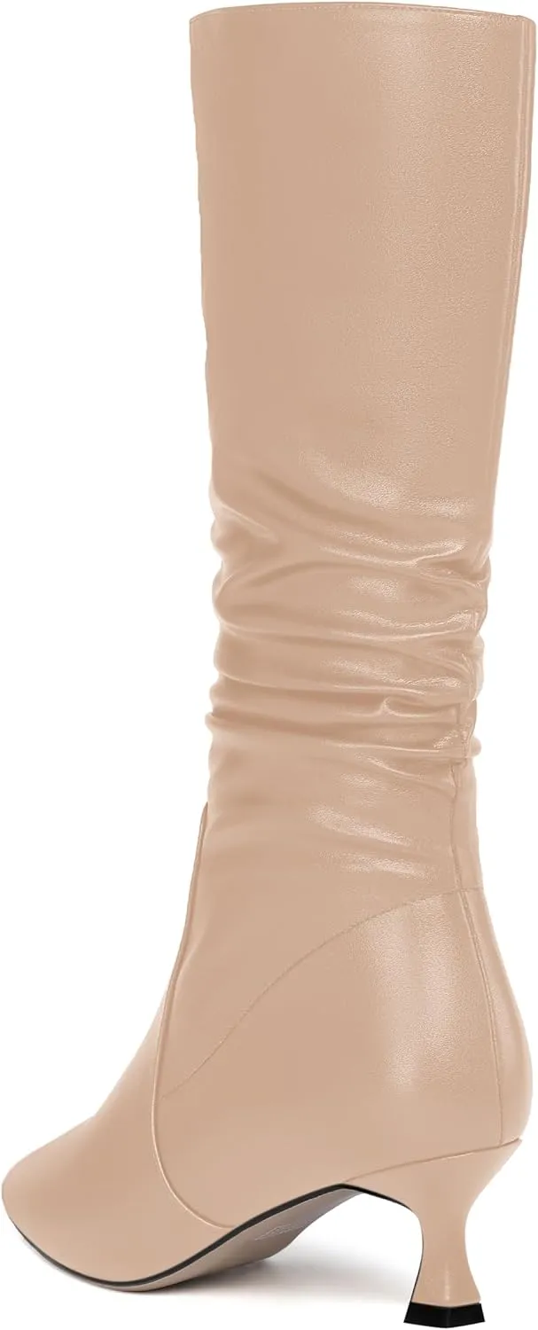 ROSERWISH Womens Party Matte Stylish Casual Zip Pointed Toe Kitten Low Heel Knee High Boots 2 Inch