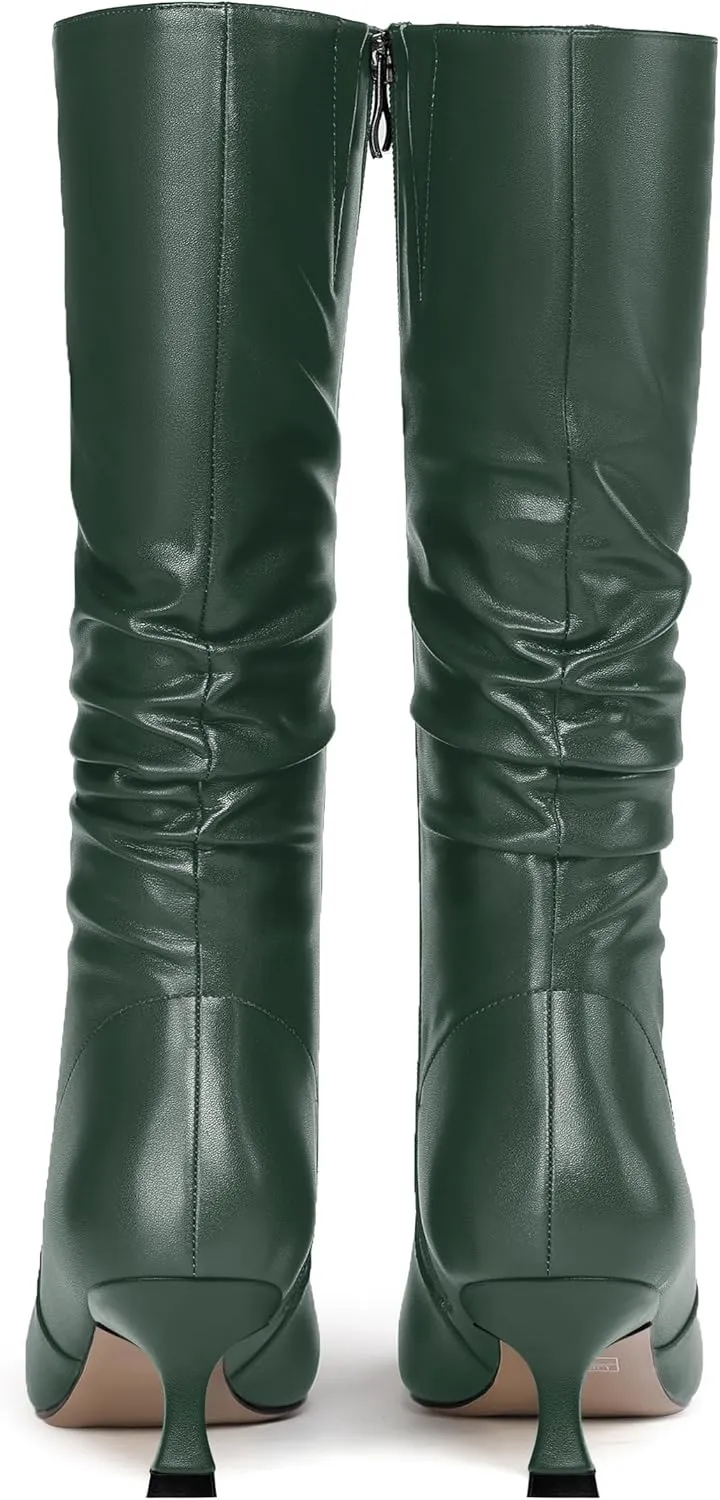 ROSERWISH Womens Party Matte Stylish Casual Zip Pointed Toe Kitten Low Heel Knee High Boots 2 Inch