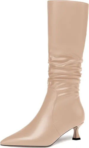 ROSERWISH Womens Party Matte Stylish Casual Zip Pointed Toe Kitten Low Heel Knee High Boots 2 Inch