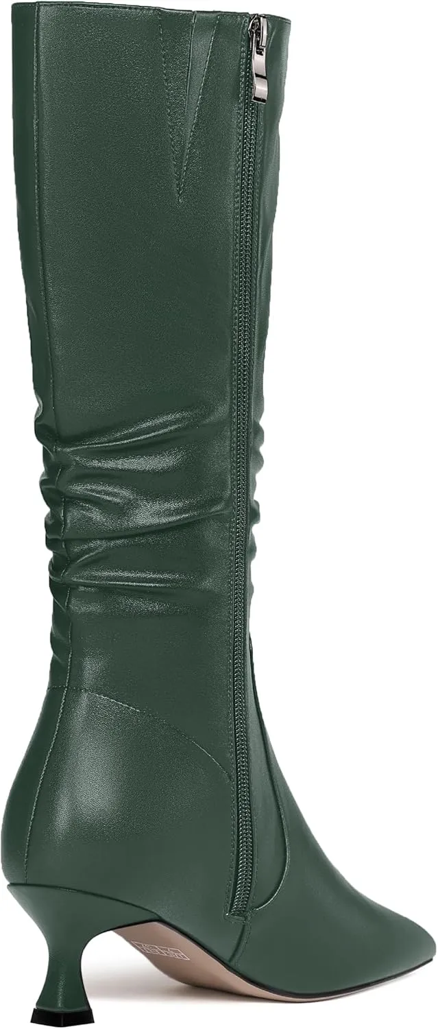 ROSERWISH Womens Party Matte Stylish Casual Zip Pointed Toe Kitten Low Heel Knee High Boots 2 Inch