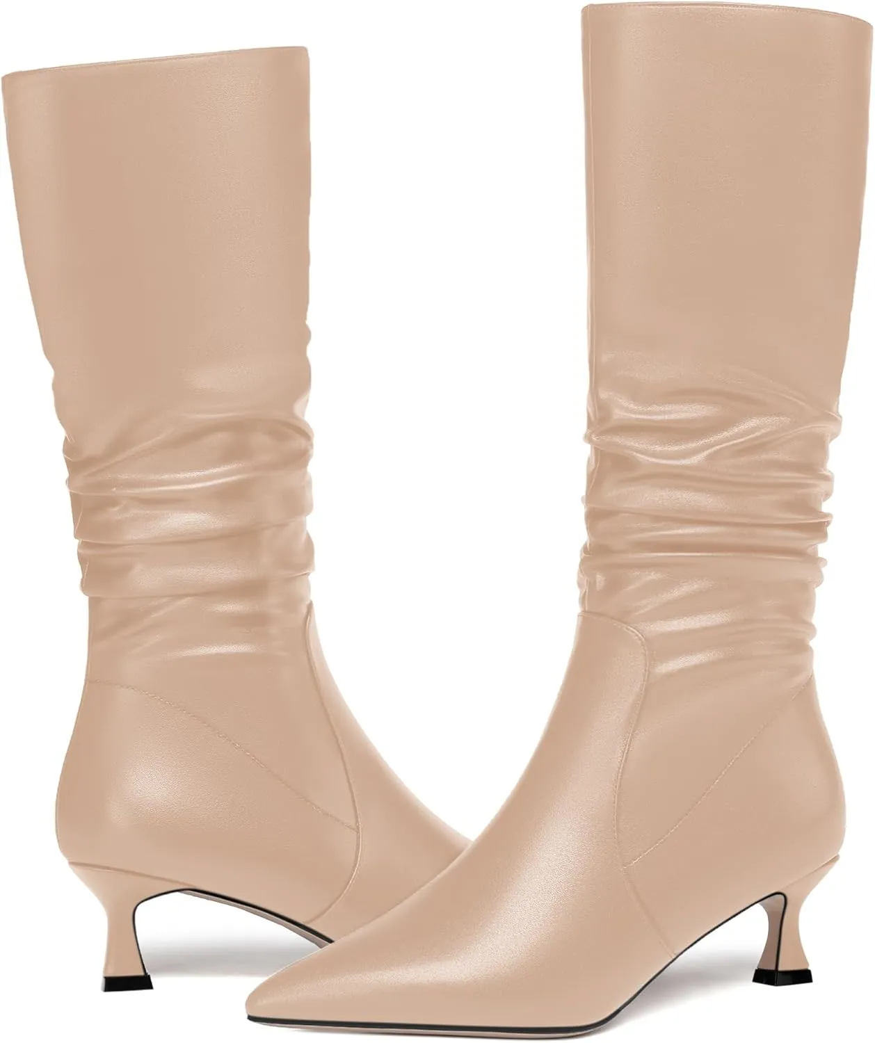 ROSERWISH Womens Party Matte Stylish Casual Zip Pointed Toe Kitten Low Heel Knee High Boots 2 Inch