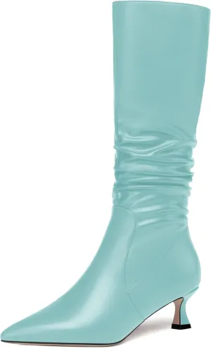 ROSERWISH Womens Party Matte Stylish Casual Zip Pointed Toe Kitten Low Heel Knee High Boots 2 Inch