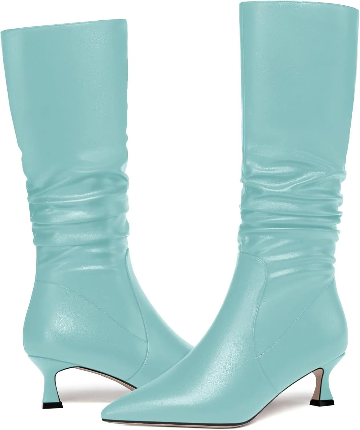 ROSERWISH Womens Party Matte Stylish Casual Zip Pointed Toe Kitten Low Heel Knee High Boots 2 Inch