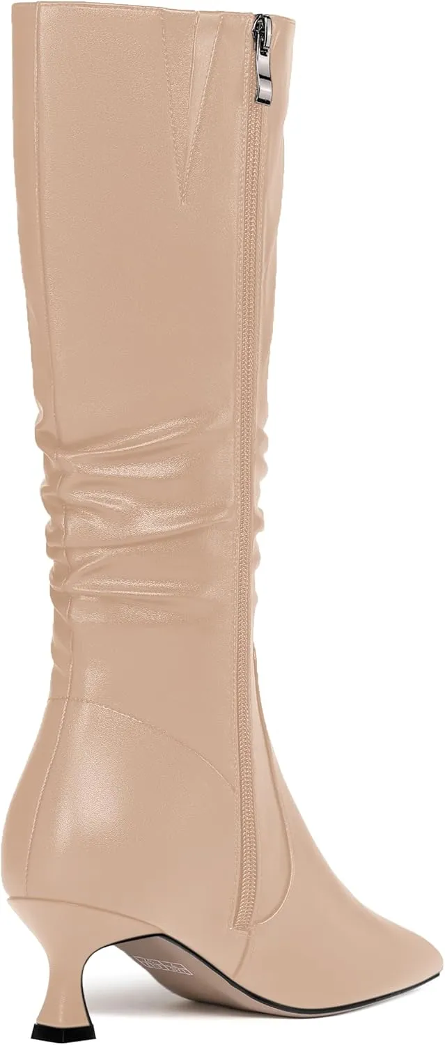 ROSERWISH Womens Party Matte Stylish Casual Zip Pointed Toe Kitten Low Heel Knee High Boots 2 Inch