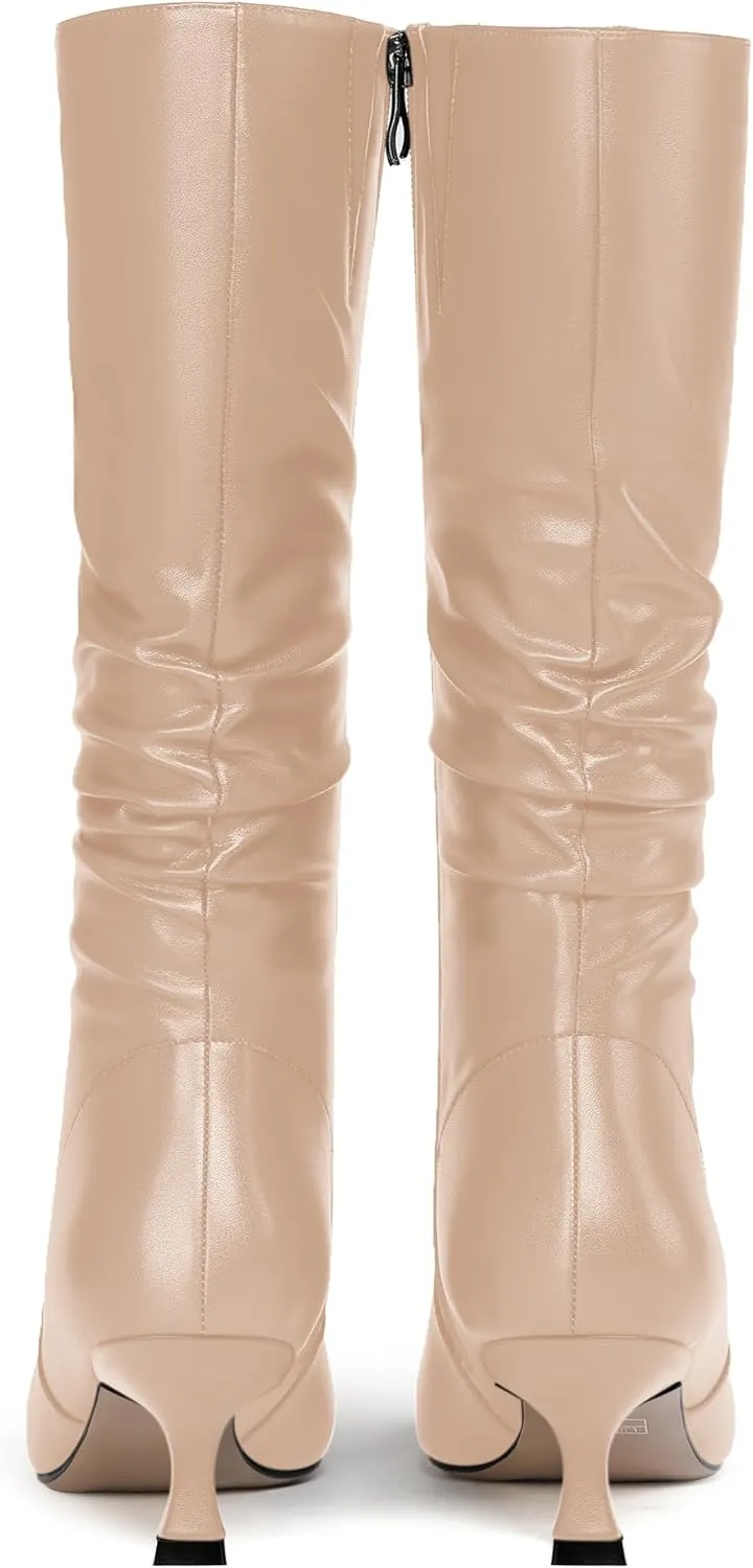 ROSERWISH Womens Party Matte Stylish Casual Zip Pointed Toe Kitten Low Heel Knee High Boots 2 Inch
