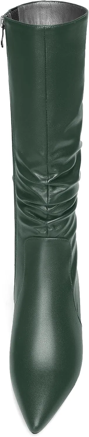 ROSERWISH Womens Party Matte Stylish Casual Zip Pointed Toe Kitten Low Heel Knee High Boots 2 Inch