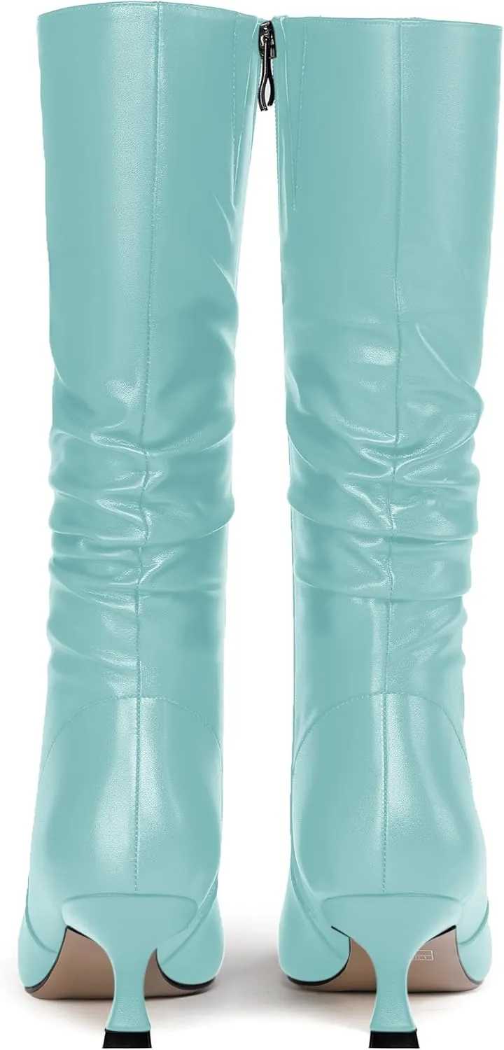 ROSERWISH Womens Party Matte Stylish Casual Zip Pointed Toe Kitten Low Heel Knee High Boots 2 Inch