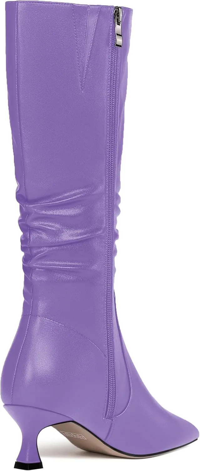 ROSERWISH Womens Party Matte Stylish Casual Zip Pointed Toe Kitten Low Heel Knee High Boots 2 Inch