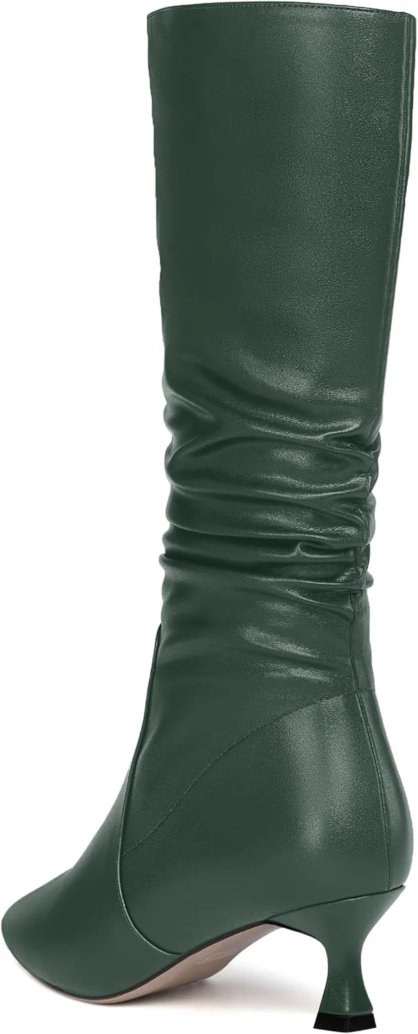 ROSERWISH Womens Party Matte Stylish Casual Zip Pointed Toe Kitten Low Heel Knee High Boots 2 Inch