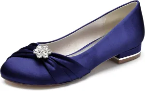 Round Toe Satin Flats Wedding Shoes for Bride Comfortable Bridal Flats Rhinestones Prom Evening Party Dress Pumps for Women Navy Blue Size 6