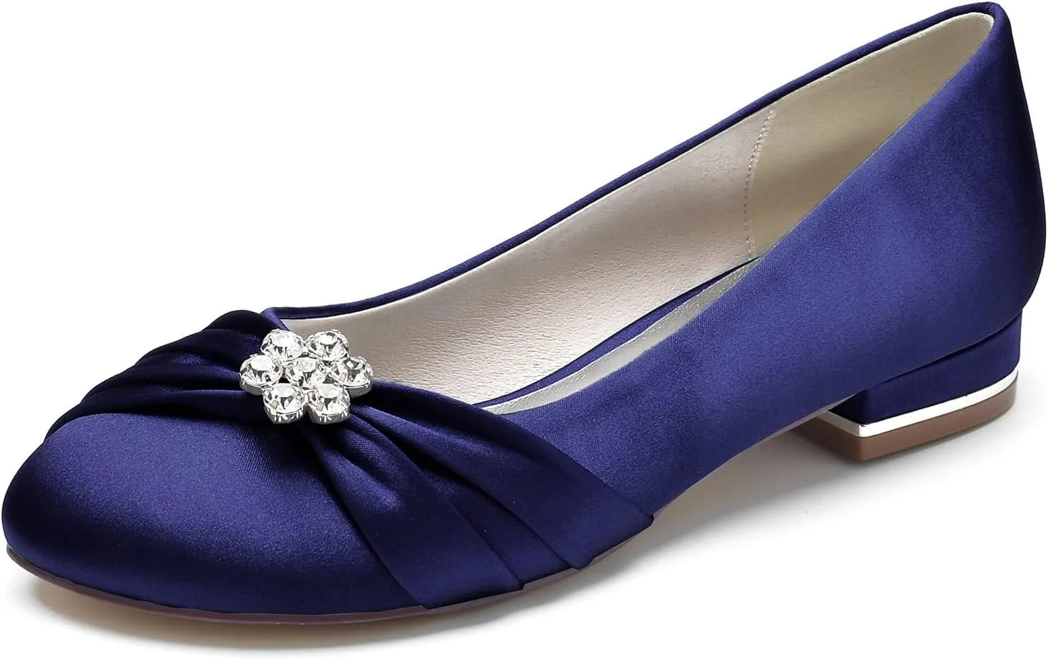 Round Toe Satin Flats Wedding Shoes for Bride Comfortable Bridal Flats Rhinestones Prom Evening Party Dress Pumps for Women Navy Blue Size 6
