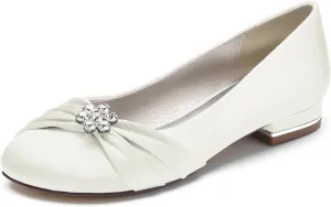 Round Toe Satin Flats Wedding Shoes for Bride Comfortable Bridal Flats Rhinestones Prom Evening Party Dress Pumps for Women