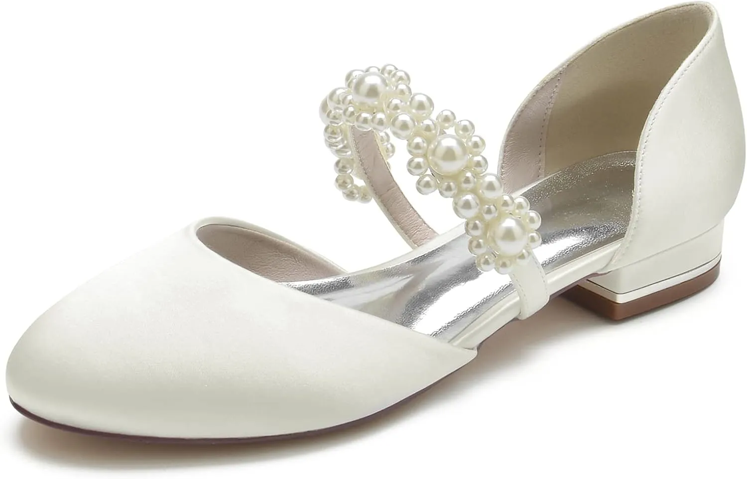 Round Toe Satin Pearl Wedding Flats Comfortable Wedding Shoes for Bride Mary Jane Bridal Flats Slip On Evening Prom Party Dress Shoes Pumps for Women