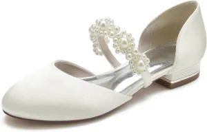 Round Toe Satin Pearl Wedding Flats Comfortable Wedding Shoes for Bride Mary Jane Bridal Flats Slip On Evening Prom Party Dress Shoes Pumps for Women