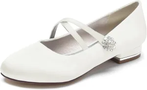 Round Toe Satin Wedding Flats for Bride Comfortable Rhinestones White Wedding Shoes Low Heels Mary Janes Bridal Flats Evening Prom Party Dress Shoes Pumps for Women