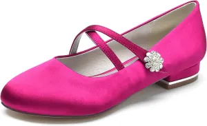 Round Toe Satin Wedding Flats for Bride Comfortable Rhinestones White Wedding Shoes Low Heels Mary Janes Bridal Flats Evening Prom Party Dress Shoes Pumps for Women