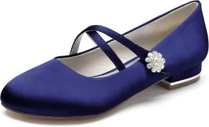 Round Toe Satin Wedding Flats for Bride Comfortable Rhinestones White Wedding Shoes Low Heels Mary Janes Bridal Flats Evening Prom Party Dress Shoes Pumps for Women