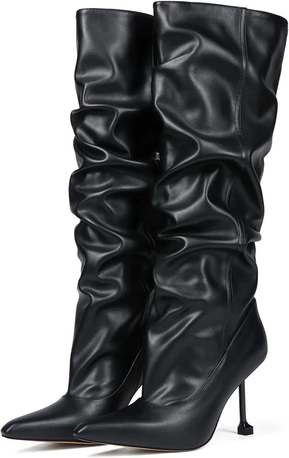 Saint Leia Women's Slip On Pointed Toe High Heel Party Stylish Pleated Patent Leather Knee High Boots