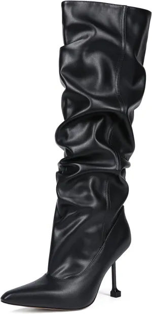 Saint Leia Women's Slip On Pointed Toe High Heel Party Stylish Pleated Patent Leather Knee High Boots