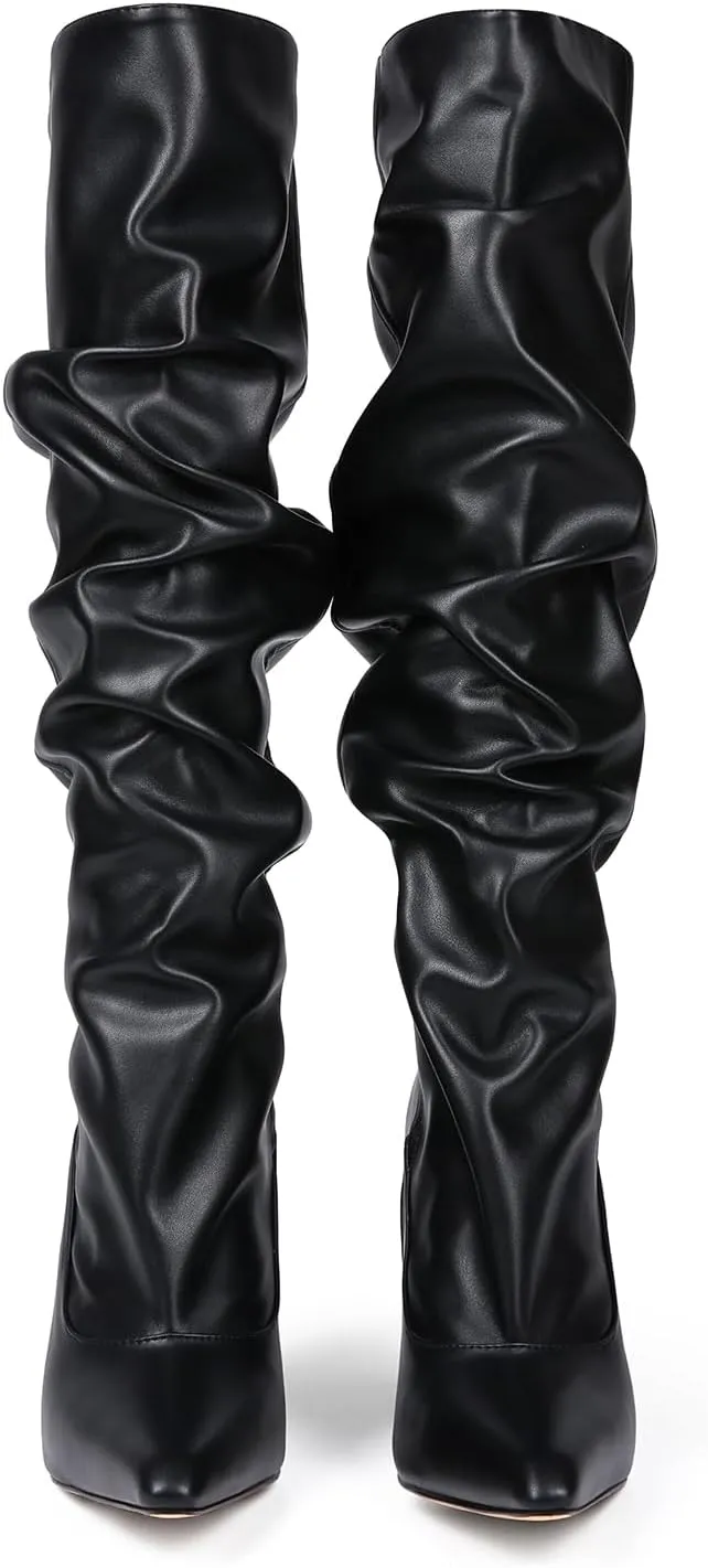 Saint Leia Women's Slip On Pointed Toe High Heel Party Stylish Pleated Patent Leather Knee High Boots