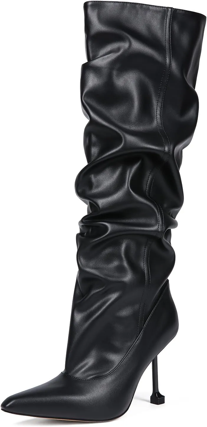 Saint Leia Women's Slip On Pointed Toe High Heel Party Stylish Pleated Patent Leather Knee High Boots