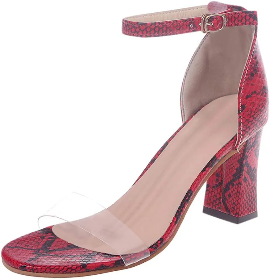 Sandals for Women Wide Width Heels,Ankle Strap Snakeskin Adjustable Buckle Clear Block Chunky High Heel Open Toe Sandal