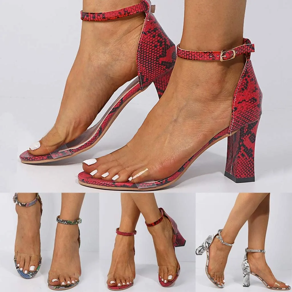 Sandals for Women Wide Width Heels,Ankle Strap Snakeskin Adjustable Buckle Clear Block Chunky High Heel Open Toe Sandal