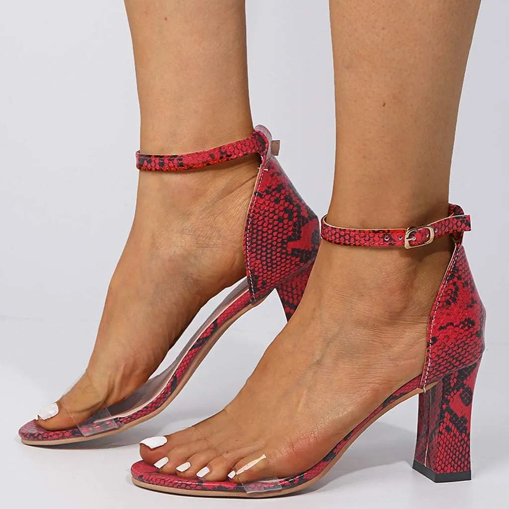 Sandals for Women Wide Width Heels,Ankle Strap Snakeskin Adjustable Buckle Clear Block Chunky High Heel Open Toe Sandal