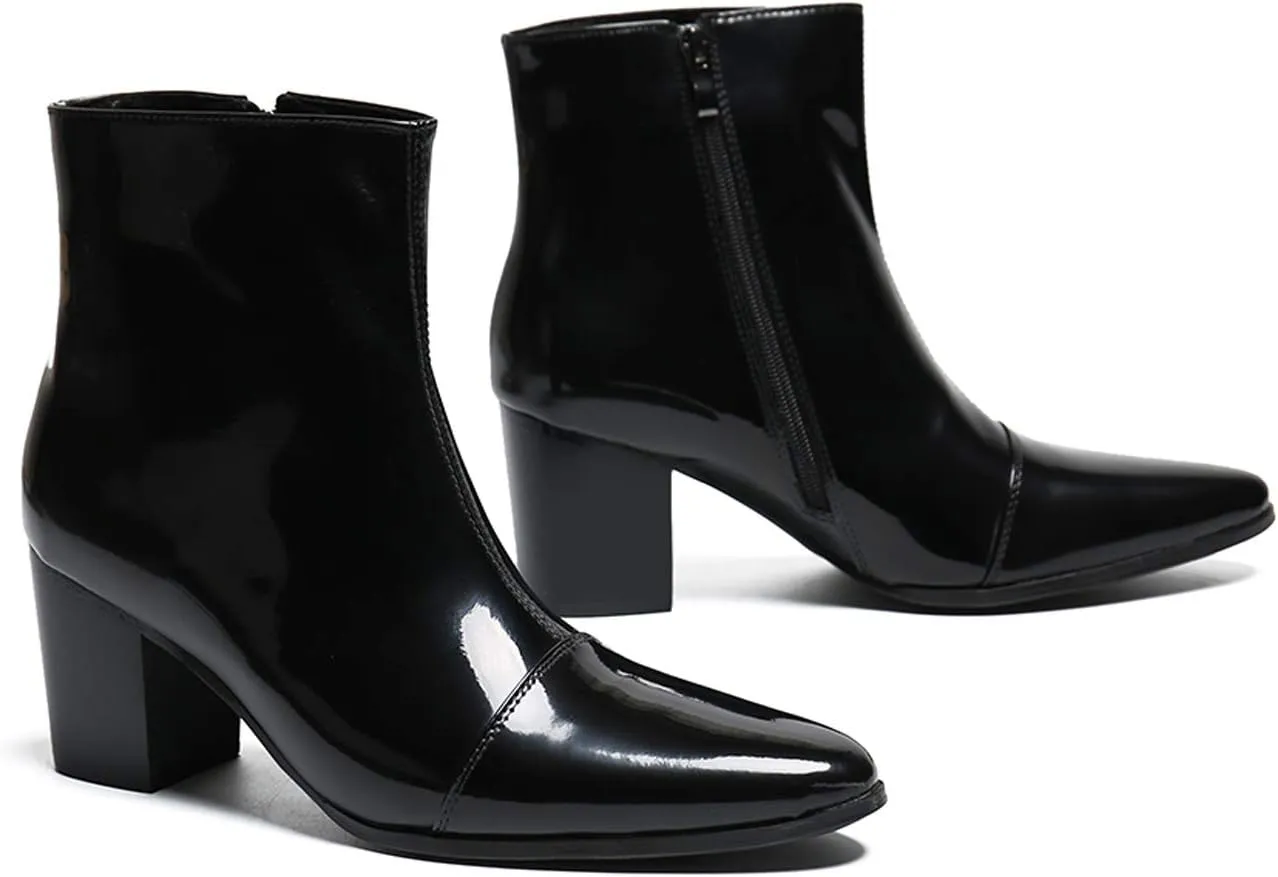 Santimon Mens Boots Casual Patent Leather Chelsea Dress Boots Zipper on Side Mid Calf Boots for Men