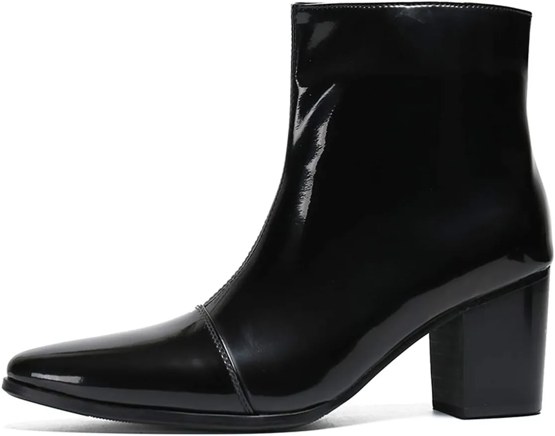 Santimon Mens Boots Casual Patent Leather Chelsea Dress Boots Zipper on Side Mid Calf Boots for Men