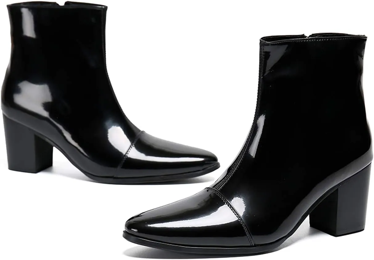 Santimon Mens Boots Casual Patent Leather Chelsea Dress Boots Zipper on Side Mid Calf Boots for Men