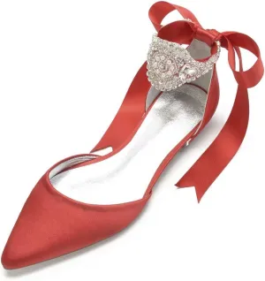Satin Crystals Wedding Flats for Bride Pointed Toe Ribbon Tie Party Dress Shoes Flats Women 5047-69