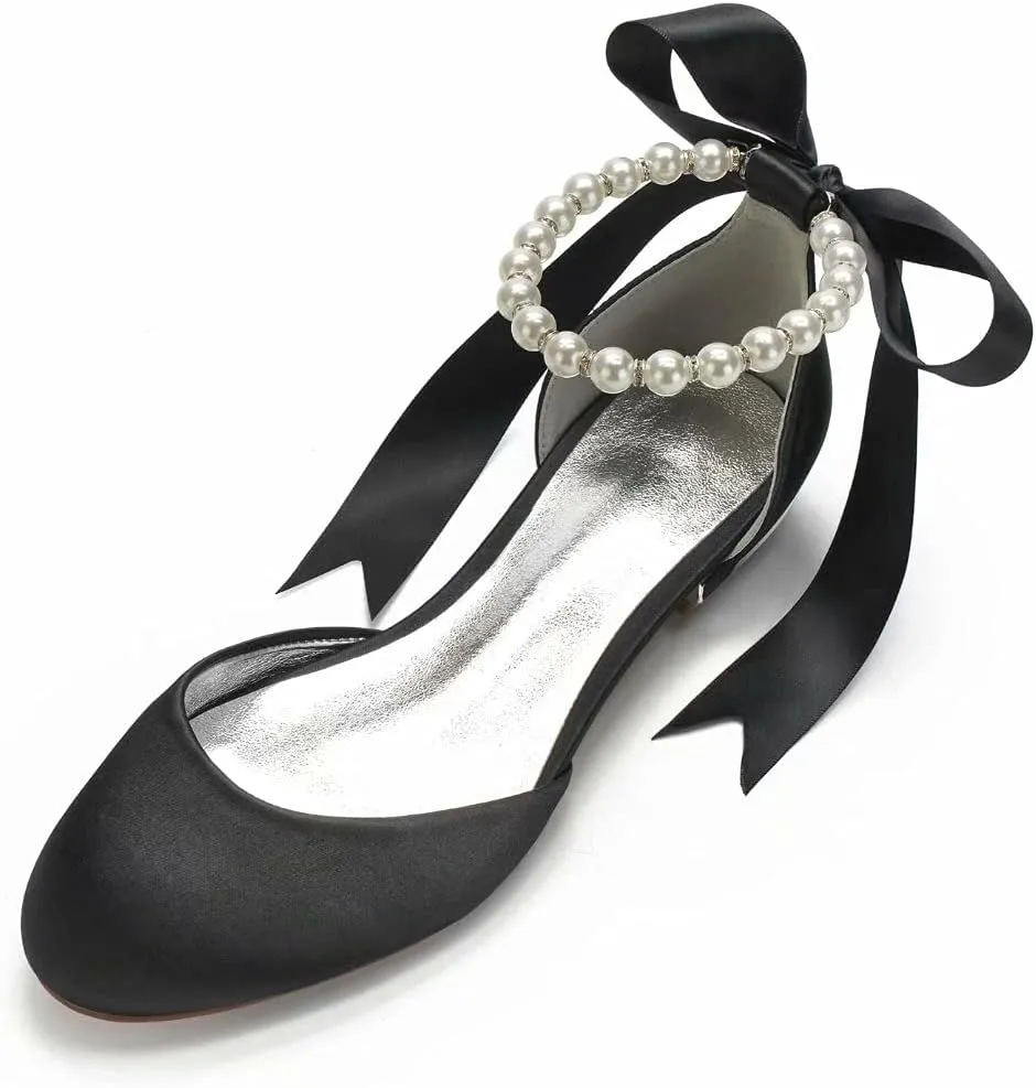 Satin Pearls Wedding Flats Shoes for Bride Round Toe Formal Evening Party Dress Flat Shoes Women 5049-63