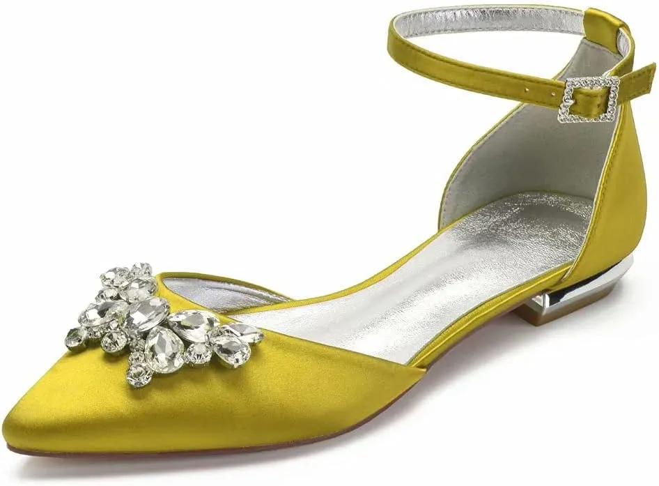 Satin Rhinestones Wedding Flats Shoes for Bride Pointed Toe Prom Evening Bridal Party Dress Flats Women 5047-63