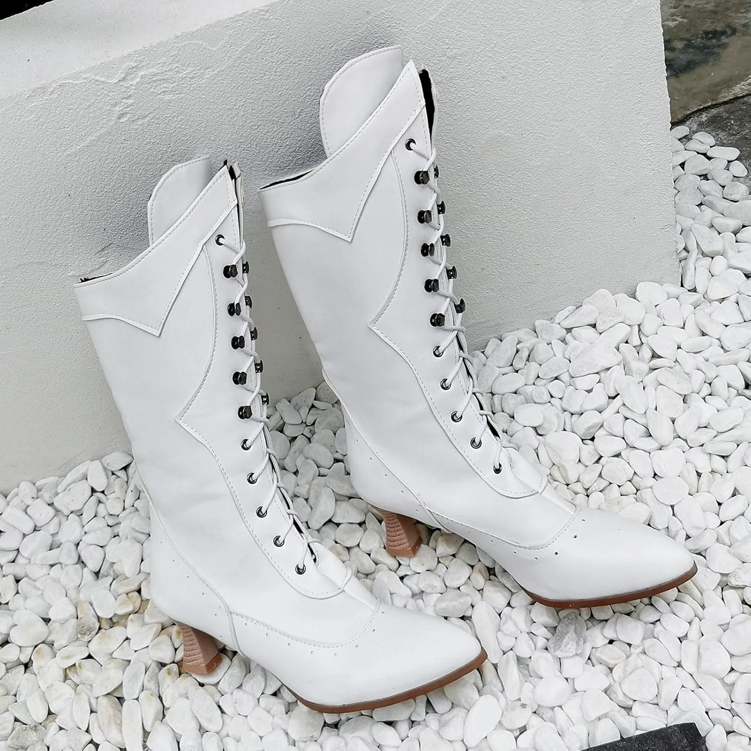 Seborluys Women Victorian Vintage Knee High Boots Kitten Heel Pointed Toe Lace Up Knee Length Boots Pull On Long Boot