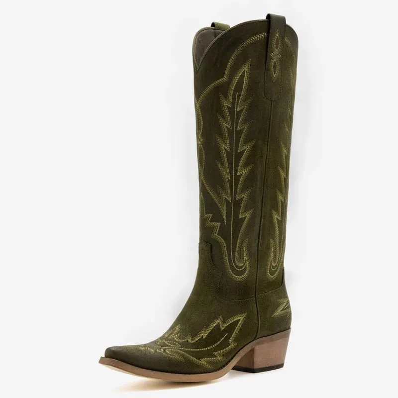 sexytag Cowboy Boots for Women Knee High Cowgirl Boots Wide Calf Embroidered Western Boots
