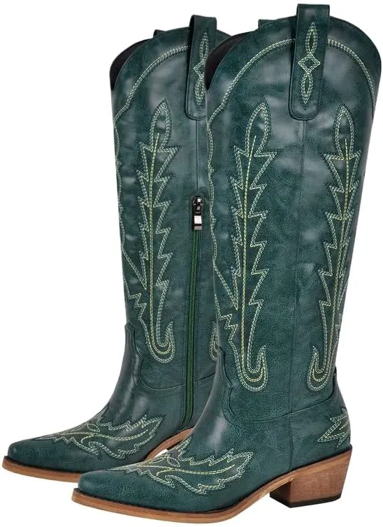 sexytag Cowboy Boots for Women Knee High Cowgirl Boots Wide Calf Embroidered Western Boots