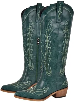 sexytag Cowboy Boots for Women Knee High Cowgirl Boots Wide Calf Embroidered Western Boots