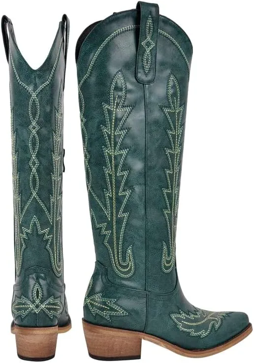 sexytag Cowboy Boots for Women Knee High Cowgirl Boots Wide Calf Embroidered Western Boots