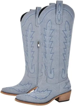 sexytag Cowboy Boots for Women Knee High Cowgirl Boots Wide Calf Embroidered Western Boots