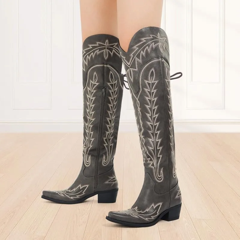 sexytag Cowgirl Boots Thigh High Wide Calf Embroidered Western Cowboy Boots