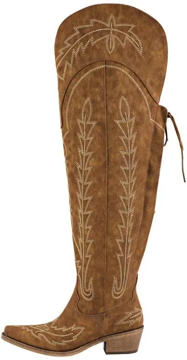 sexytag Cowgirl Boots Thigh High Wide Calf Embroidered Western Cowboy Boots