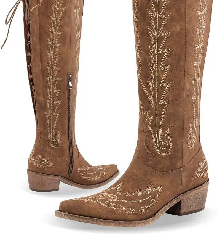 sexytag Cowgirl Boots Thigh High Wide Calf Embroidered Western Cowboy Boots