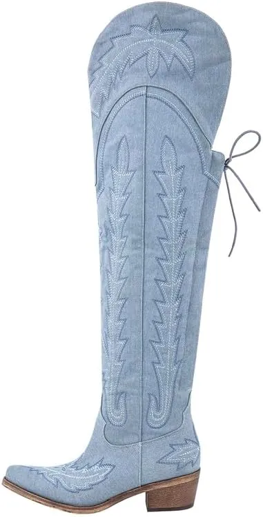 sexytag Cowgirl Boots Thigh High Wide Calf Embroidered Western Cowboy Boots