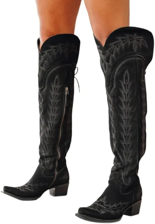 sexytag Cowgirl Boots Thigh High Wide Calf Embroidered Western Cowboy Boots
