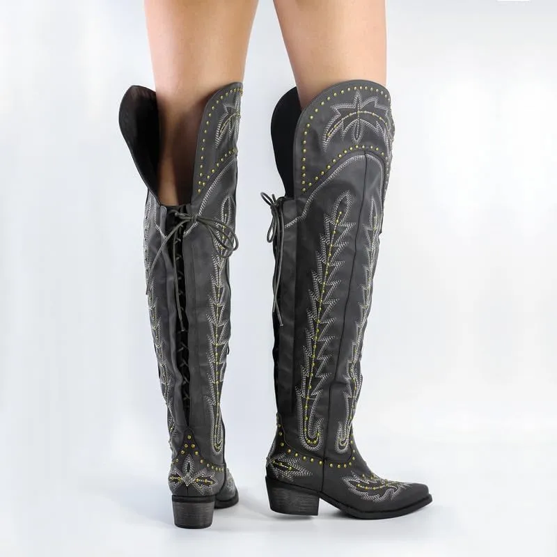sexytag Cowgirl Boots Thigh High Wide Calf Embroidered Western Cowboy Boots