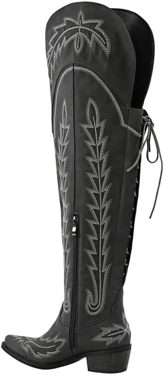 sexytag Cowgirl Boots Thigh High Wide Calf Embroidered Western Cowboy Boots