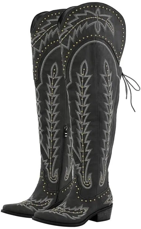sexytag Cowgirl Boots Thigh High Wide Calf Embroidered Western Cowboy Boots